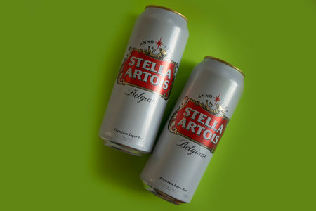 May 14, 2022 Ukraine city Kyiv beer in an iron can Stella Artois on a colorful mfonのeditorial素材