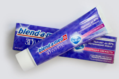 May 18, 2023 Ukraine city Blend A Med toothpaste on a colored backgroundのeditorial素材