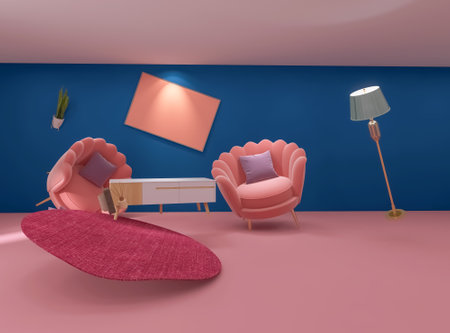 Room interior flying furniture 3d render, 3d illustration