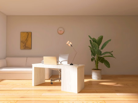 Room interior, desktop with computer 3d render, 3d illustrationの写真素材