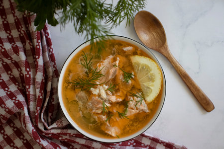 Salmon soup on a light backgroundの写真素材