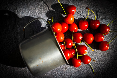 Fresh cherries on old backgroundの写真素材