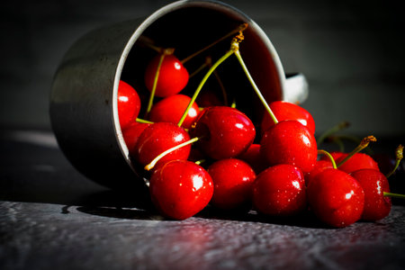 Fresh cherries on old backgroundの写真素材