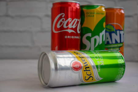 May 22, 2022 Ukraine city of Kyiv banks with drinks Fanta, Coca Cola, Sprite, Schweppersのeditorial素材