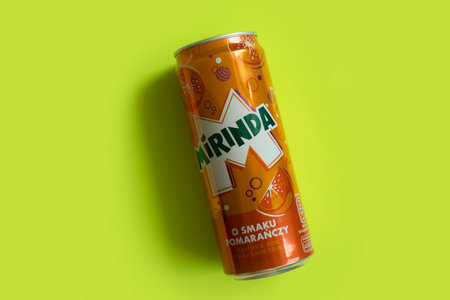June 21, 2023 Ukraine city Kyiv bank with drink Mirindaのeditorial素材