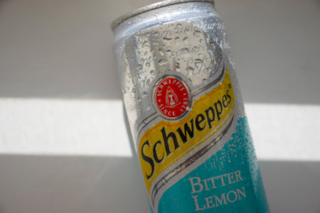 July 26, 2023 Ukraine city Kyiv wet iron can of Schweppes drinkのeditorial素材