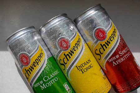 July 26, 2023 Ukraine city Kyiv wet iron can of Schweppes drinkのeditorial素材