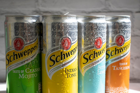 July 26, 2023 Ukraine city Kyiv wet iron can of Schweppes drinkのeditorial素材