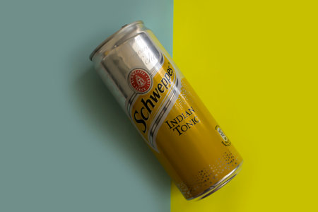 July 26, 2023 Ukraine city Kyiv iron can of Schweppers drink