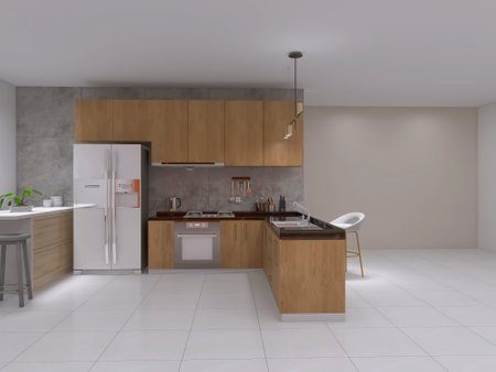 Kitchen interior design 3d render, 3d illustrationのeditorial素材