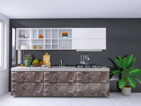 Kitchen interior design 3d render, 3d illustrationのeditorial素材