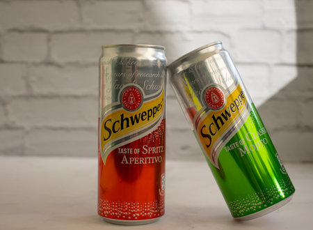 July 15, 2023 Ukraine city Kyiv iron can of Schweppers drinkのeditorial素材