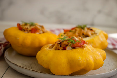 Stuffed squash on old backgroundの写真素材