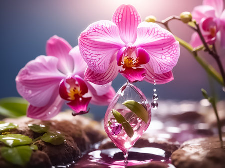 water drops pink orchidの写真素材