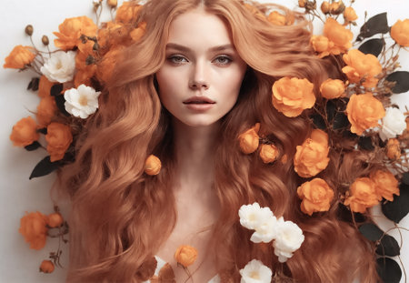 Beautiful girl, flowers in her hairの素材