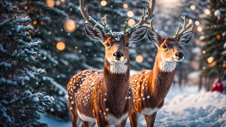 Deer in a snowy forest with lightsの素材