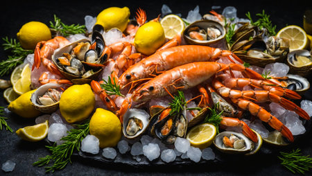 Assortment of various raw seafood, shrimp, crab, oysters, mussels, ice, on a dark backgroundの素材