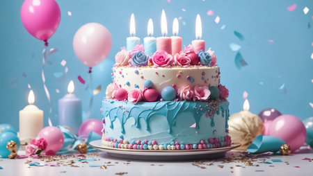 Festive pink and blue cake, balloons, candlesの素材