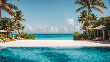Swimming pool, against the background of the sea, palm treesの素材