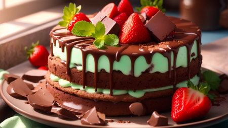 Appetizing chocolate cake with strawberries, mint leavesの素材