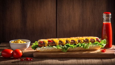 Hot dog with fresh lettuce leaves, ketchup, mustard on a wooden boardの素材