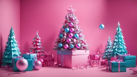 Christmas tree, balls, box with a bow paper style, 3dの素材