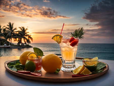 Various cocktails, sea view, sunsetの素材