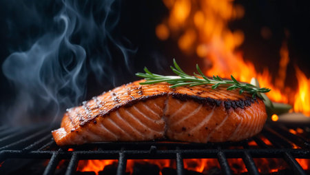 Grilled salmon, fire, smokeの素材