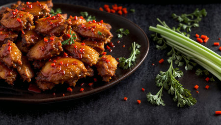 Juicy fried buffalo wings on a dark backgroundの素材