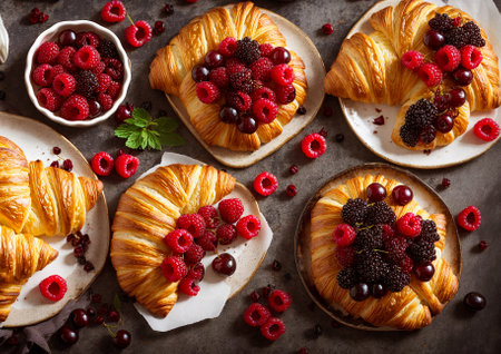 Appetizing croissants with raspberries on an old backgroundの素材