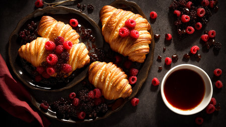 Appetizing croissants with raspberries on an old backgroundの素材