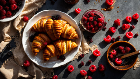 Appetizing croissants with raspberries on an old backgroundの素材