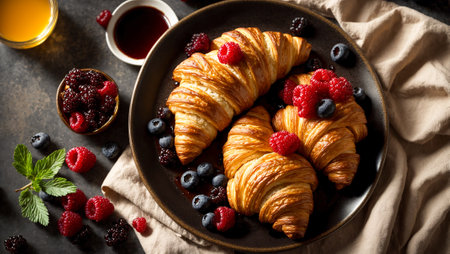 Appetizing croissants with raspberries on an old backgroundの素材
