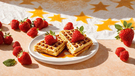 Traditional Belgian waffles with honey and strawberriesの素材