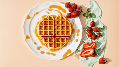 Traditional Belgian waffles with honey and strawberriesの素材