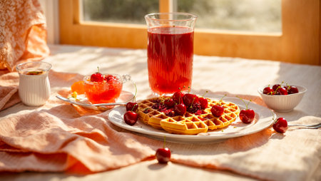 Traditional Belgian waffles with cherriesの素材