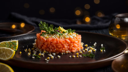 Salmon tartare on old backgroundの素材