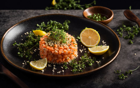 Salmon tartare on old backgroundの素材