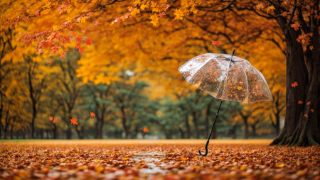 Beautiful umbrella on a background of autumn leavesの素材