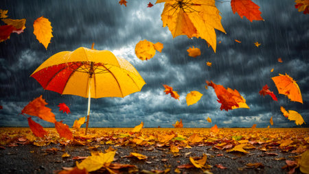 Beautiful umbrella on a background of autumn leavesの素材