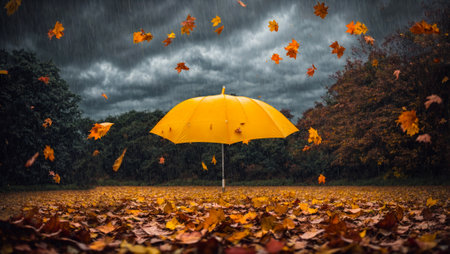 Beautiful umbrella on a background of autumn leavesの素材