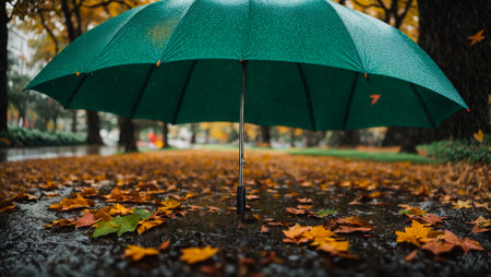 Beautiful umbrella on a background of autumn leavesの素材