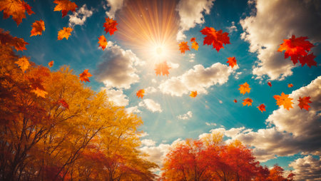 beautiful sky, clouds, autumn, sunlight, colored autumn leavesの素材