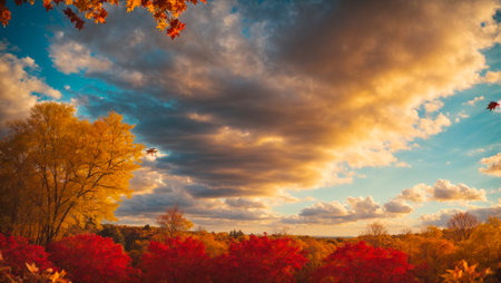 beautiful sky, clouds, autumn, sunlight, colored autumn leavesの素材