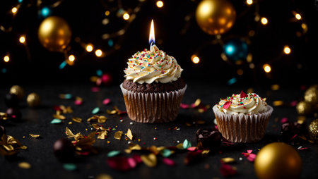 Festive cake with cream and candleの素材