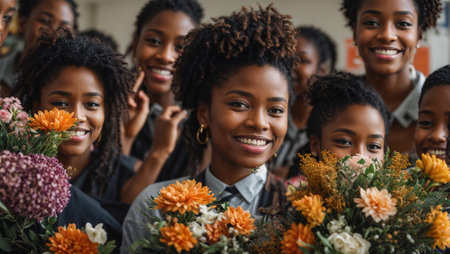 African American teacher portrait with a bouquet of flowersの素材