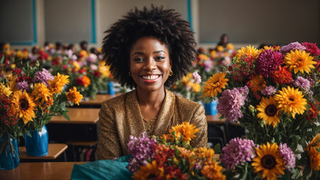 African American teacher portrait with a bouquet of flowersの素材