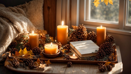 Book, candles, autumn leaves and pine cones on the background of a windowの素材