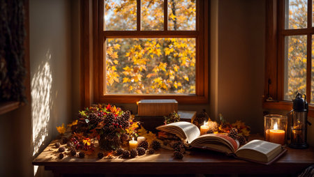 Book, candles, autumn leaves and pine cones on the background of a windowの素材