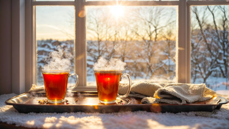 Hot cup of tea against the background of a winter windowの素材